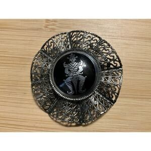 VTG Filigree Siam Brooch Enamel Silver Tone